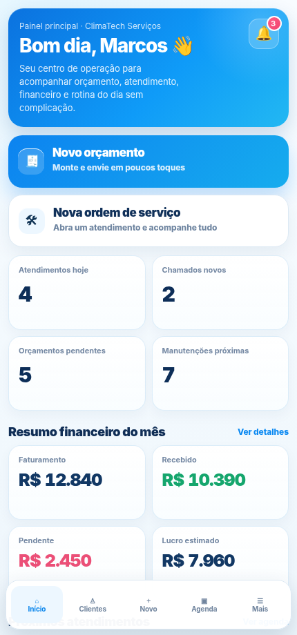 Dashboard real do FacilitaClima no celular